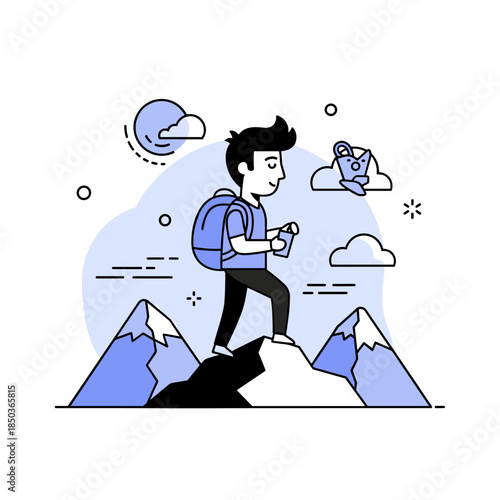 Young male hiker with backpack trekking in scenic mountain landscape