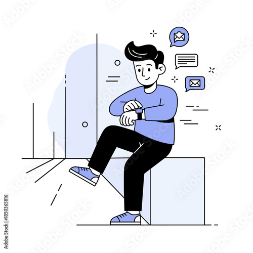 Young caucasian male checking smartwatch for messages