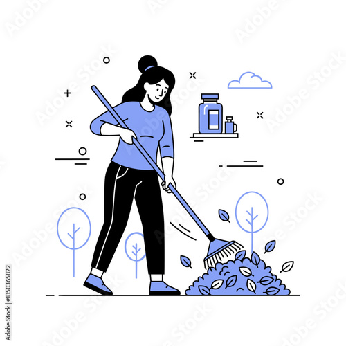 Asian female raking leaves in park: young adult engaged in autumn clean-up activity