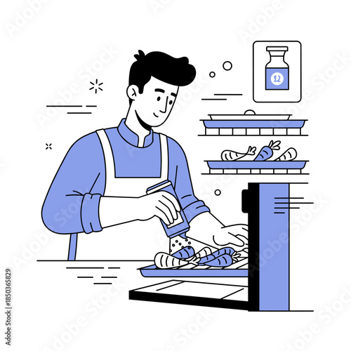 Male chef preparing seafood dish in kitchen with spices and cooking equipment