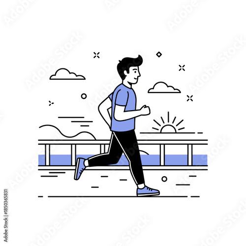 Young caucasian male jogging by the waterfront at sunrise in minimalist style