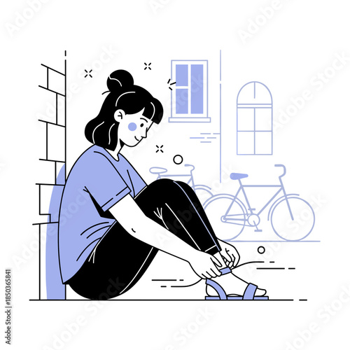 Young asian female relaxing outside urban setting with bicycle and windows