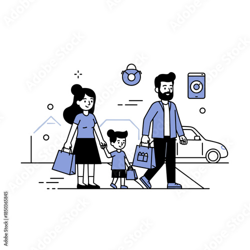 Family shopping trip: young caucasian parents and child walking with bags