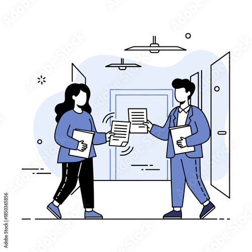 Illustration of two young adults exchanging documents in office setting