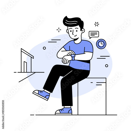 Young caucasian male with smartwatch outside modern building