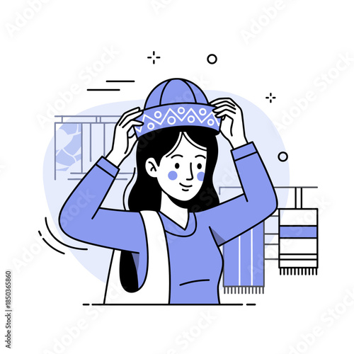 Asian female trying on hat at clothing store with scarves in background