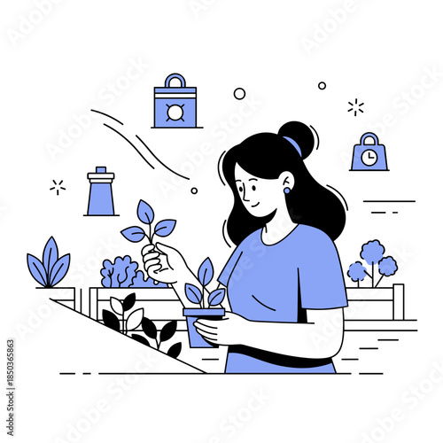 Young hispanic female gardening in urban setting with nature icons