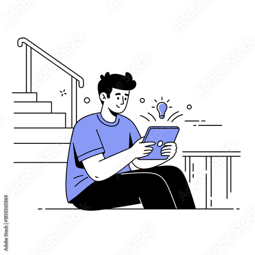 Young caucasian male engaged with tablet while sitting on steps