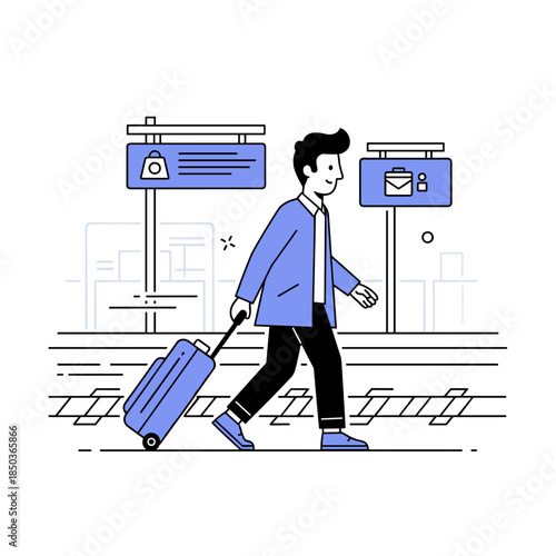 Young male traveler walking with suitcase at train station