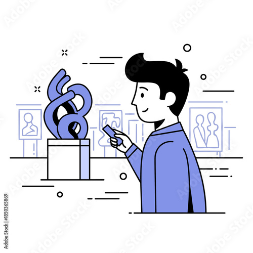 Young caucasian male observing abstract art sculpture in gallery setting