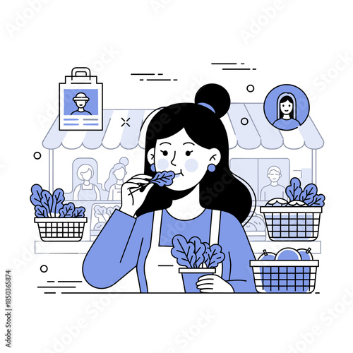 Young asian female farmer sampling fresh produce at market stand