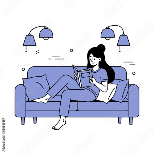 Young asian female relaxing on sofa reading a book in cozy living room