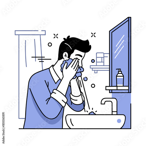 Young caucasian male washing face in bathroom sink with mirror and soap