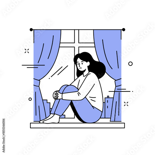 Young asian female sitting by window in pensive mood with curtains