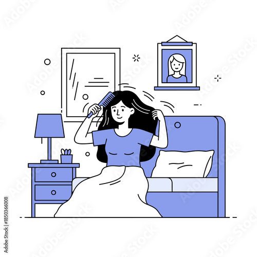 Young asian woman brushing hair in bedroom beside portrait artwork