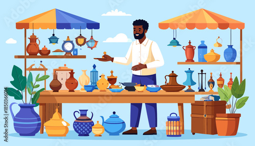 Man selling pottery and ceramics at an outdoor market stall.