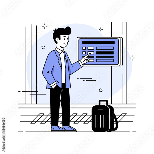Male checking digital information board at airport in stylish blue attire