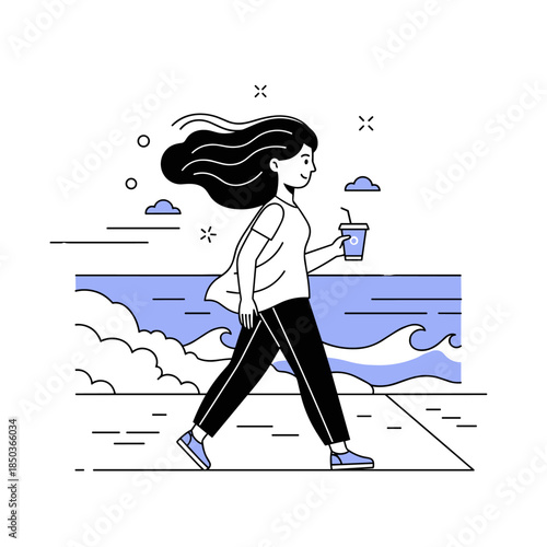 Woman walking by ocean with drink in hand, windy day, minimal line art