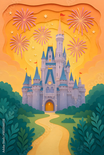 A paper cutout of a castle with fireworks in the background