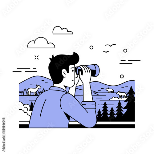 Adult asian male observing mountain wildlife with binoculars in scenic landscape
