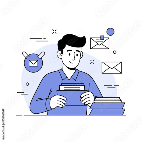 Young caucasian male sorting mail envelopes in office setting