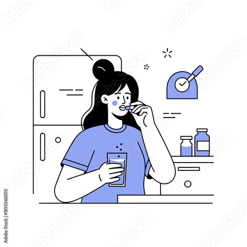 Female adult taking vitamins in kitchen: healthy lifestyle and nutrition concept
