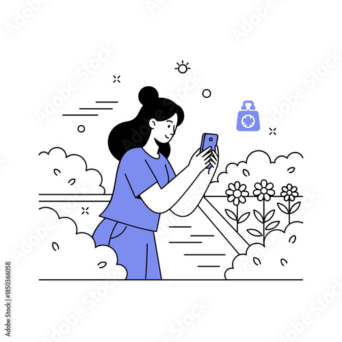 Young asian female taking photos of flowers in garden with smartphone