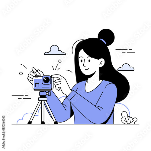 Young asian female setting up camera on tripod outdoors