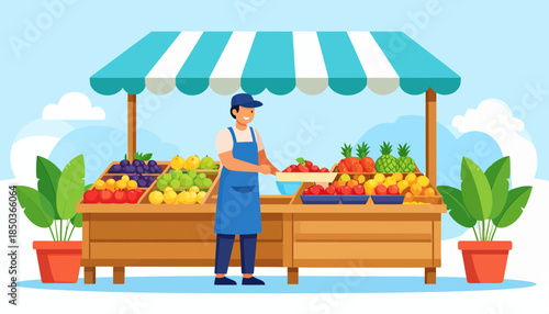 Vibrant Fruit Stand with Vendor under Striped Awning.