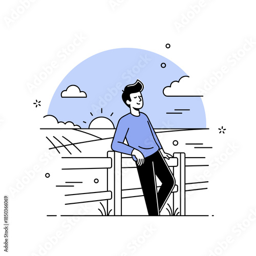 Young male enjoying rural landscape at sunrise with fence and field