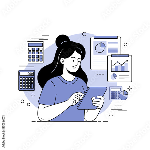 Asian female analyzing data on tablet with charts and calculators