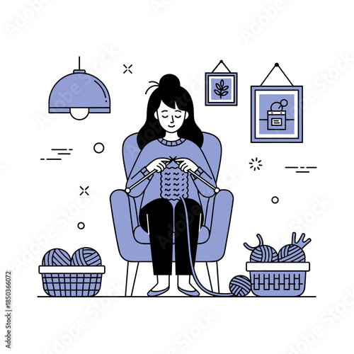 Young caucasian female knitting in cozy living room with yarn baskets and wall art