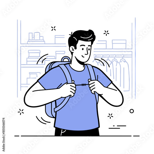 Young caucasian male shopping with backpack in clothing store