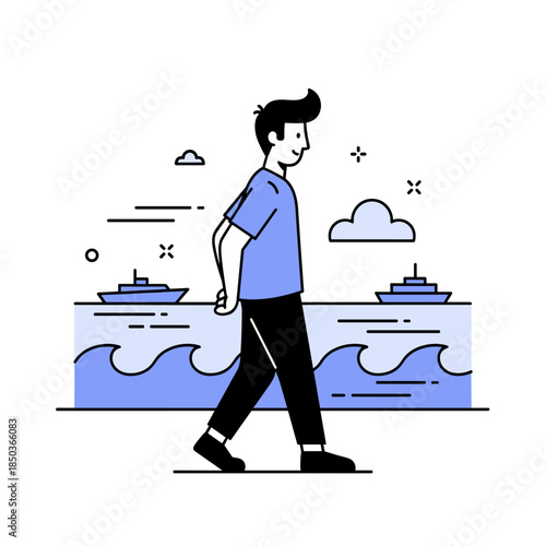 Young male cartoon character walking by the sea with boats in background
