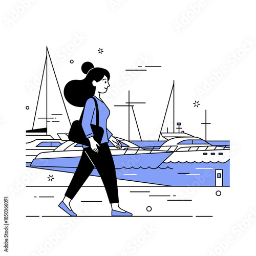 Stylized young asian woman walking in marina with yachts in background