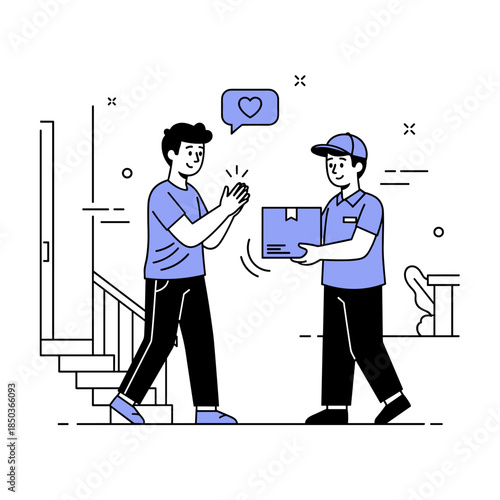 Asian young male delivery handing package to caucasian young male customer at doorstep