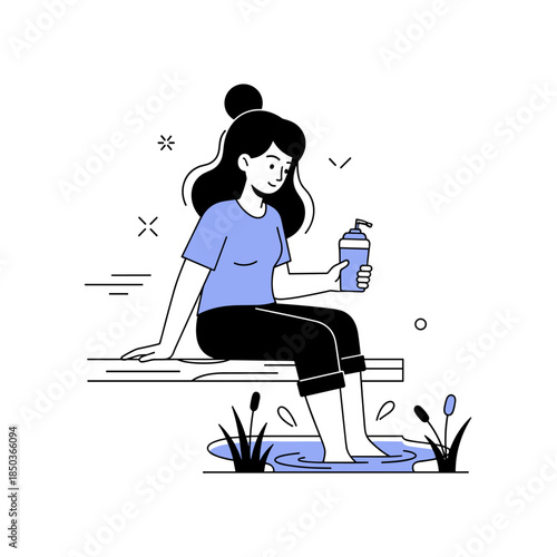 Young asian female enjoys relaxing by the water with a drink in hand