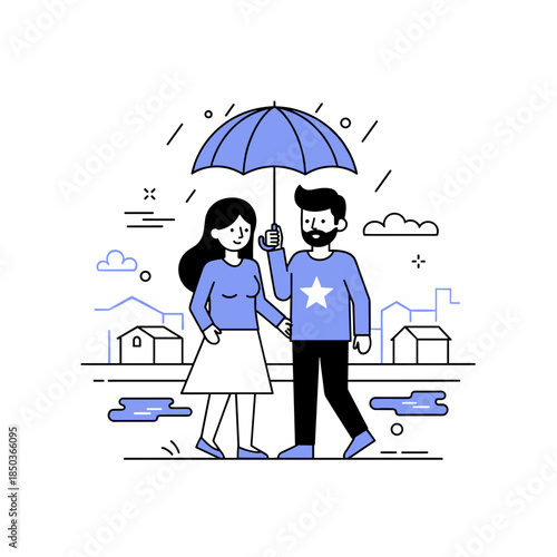 Illustration of a couple holding an umbrella on a rainy day
