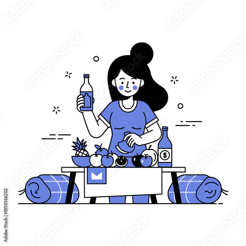 Asian female vendor selling fruits and drinks at market stall