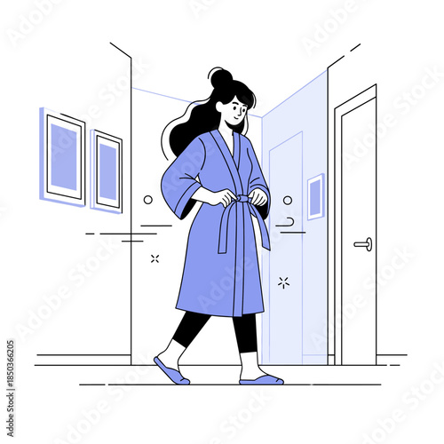 Female cartoon character in blue robe walking through hallway with door and frames