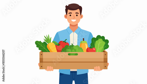 Man holding a wooden crate full of fresh vegetables and fruits.