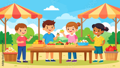 Children enjoying fresh fruits at an outdoor market stall.