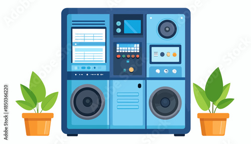 Vintage Style Radio with Potted Plants on White Background.