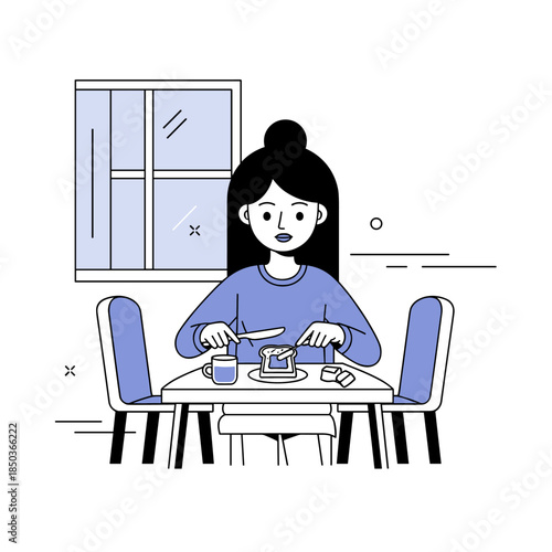 Cartoon female enjoying breakfast at home with coffee and toast