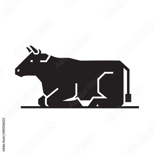 Dark gray silhouette of a cow lying down on a black background