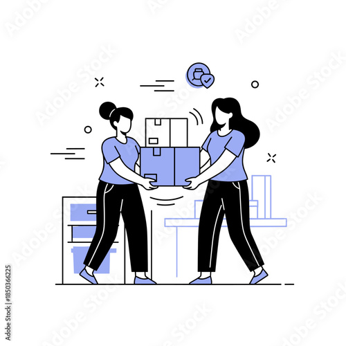 Two women moving boxes in office collaboration scene