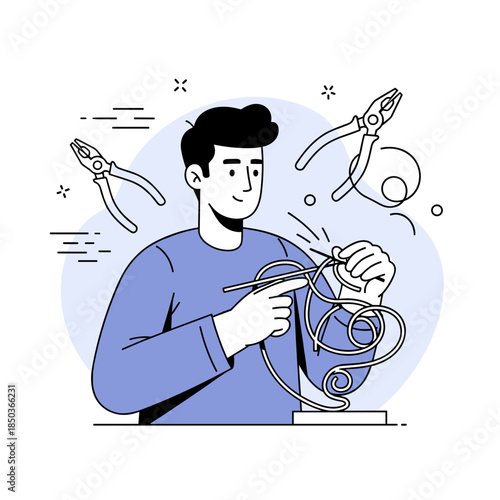 Young caucasian male artist creating wire sculpture with pliers and tools