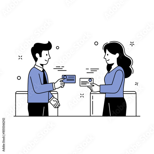 Business exchange: young caucasian male and female sharing cards