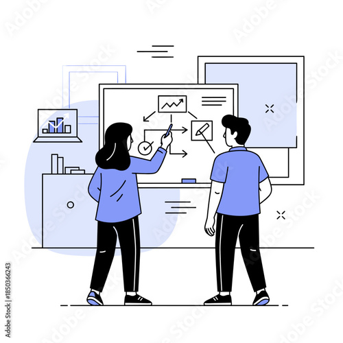Young caucasian male and female analyzing business data on interactive whiteboard