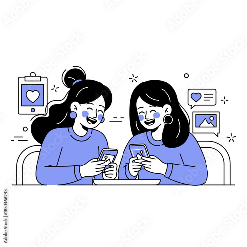 Two young adult asian females laughing and sharing photos on smartphones